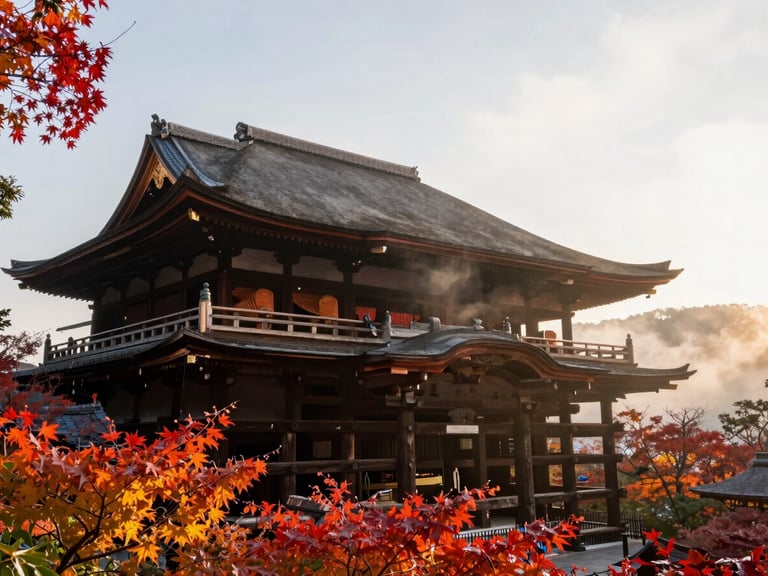 Wide-angle editorial shot of a traditional wooden temple in Kyoto surrounded by autumn foliage, soft morning mist, warm sunlight filtering through branches
