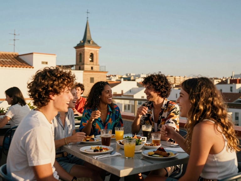Candid medium shot of a diverse group of friends laughing on a sunny rooftop terrace in Madrid, vibrant atmosphere, warm golden-hour light, 35mm look