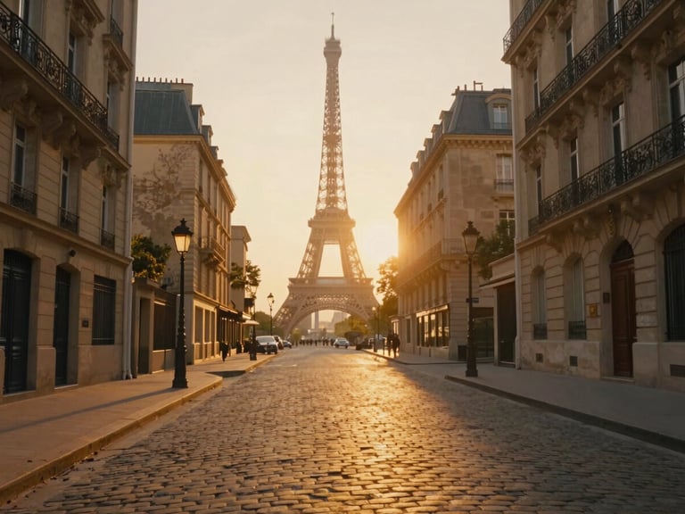 Cinematic wide shot of a historic Parisian street at sunrise, warm golden light reflecting on cobblestones, Eiffel Tower soft in the background, 35mm look