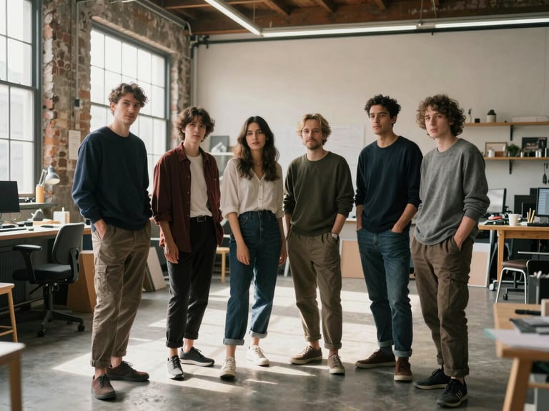 Candid environmental portrait of a creative team collaborating in a sunlit Peckham warehouse studio.