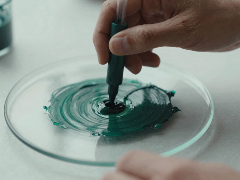 Close-up of hands mixing dark green ink on a glass plate, soft overcast morning light