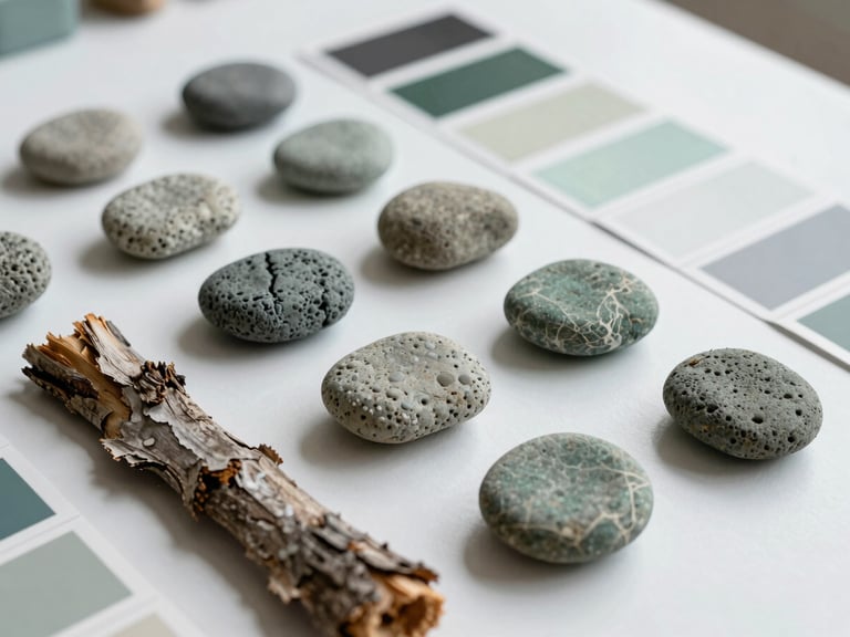 A collection of textured stones, weathered pine bark, and color swatches arranged on a studio table