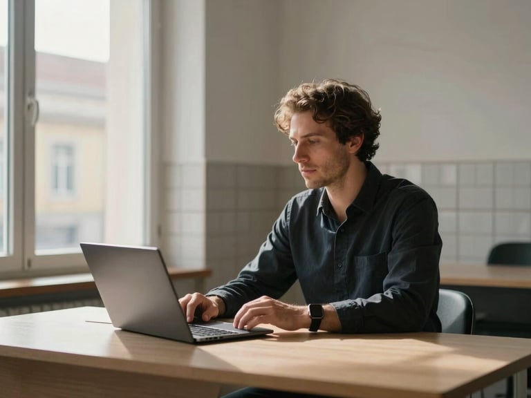 Entrepreneur seated at a minimal desk, direct side light from a tall studio window, laptop closed, hands resting on table, Lisbon tiles visible through blurred background