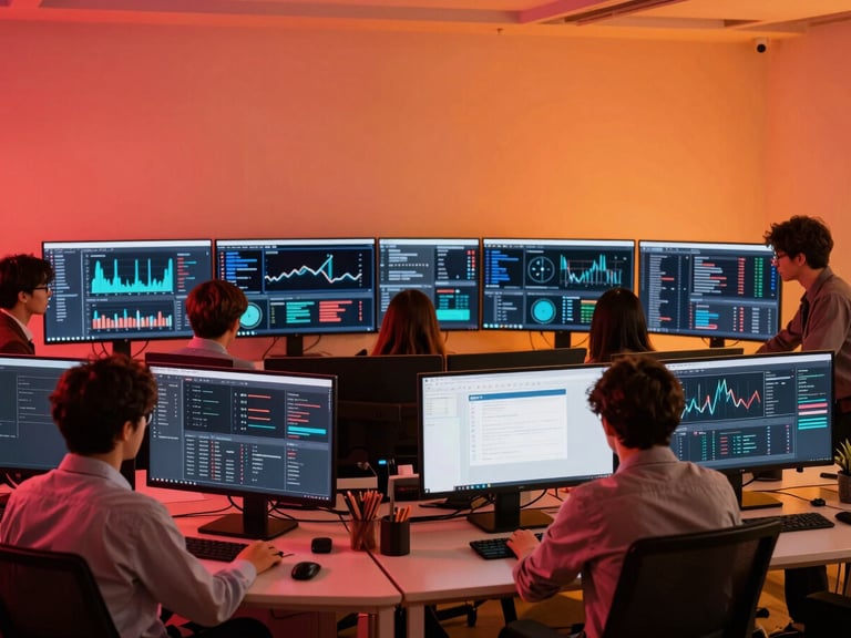 Modern office environment with team members collaborating over data screens, crisp high-contrast lighting with red gel highlights, 35mm.