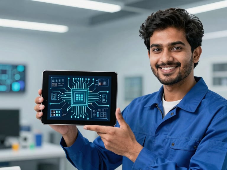 A smiling young Indian technician in a professional blue uniform holding a tablet displaying a circuit diagram, bright modern workshop background, 35mm