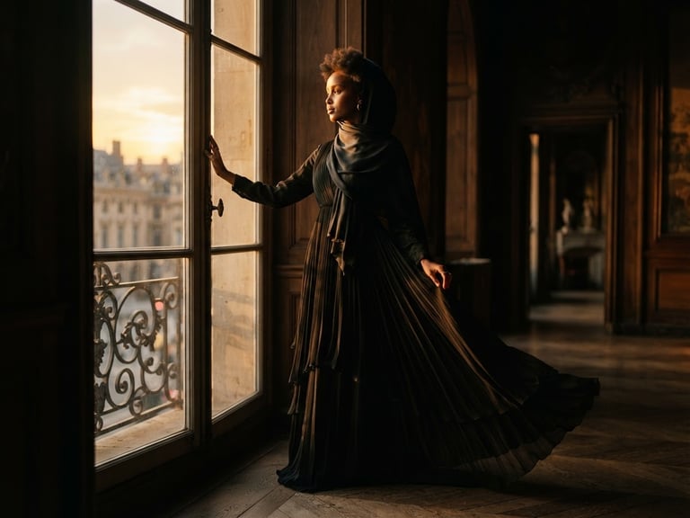 Editorial fashion photography of a modern Muslim woman in a flowing black dress, dramatic golden hour window light casting soft shadows, rich dark tones, high contrast, 35mm