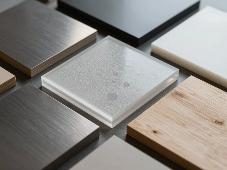 Various printed rigid substrates stacked in an architectural grid, showing brushed metal, textured acrylic, and raw wood with high-fidelity print details.