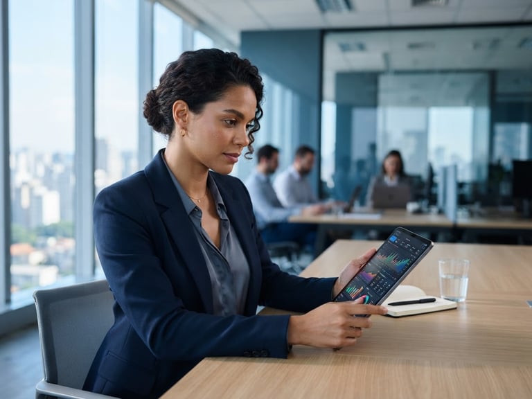 Medium shot of a modern Brazilian professional analyzing financial dashboards on a tablet, bright natural daylight, clean corporate office setting, cool blue tones.