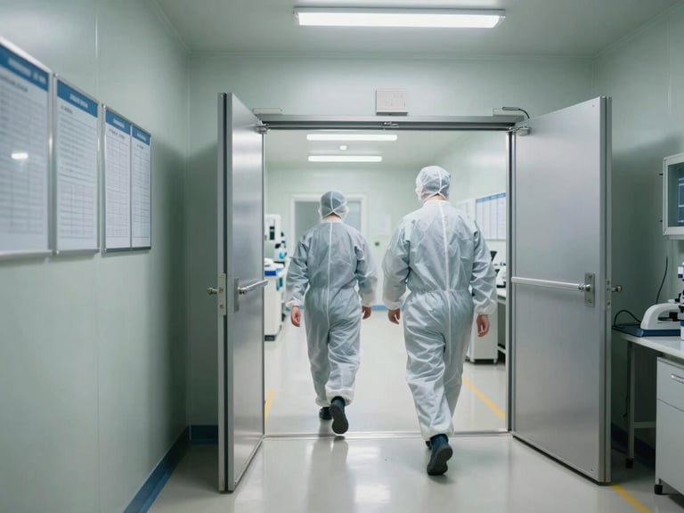 Wide panoramic view of a pharmaceutical cleanroom corridor during shift change, two technicians in full cleanroom gowns walking away from camera through an airlock door, overhead fluorescent lights reflecting off white floor tiles, batch documentation boards visible on left wall — documentary, unposed, clinical