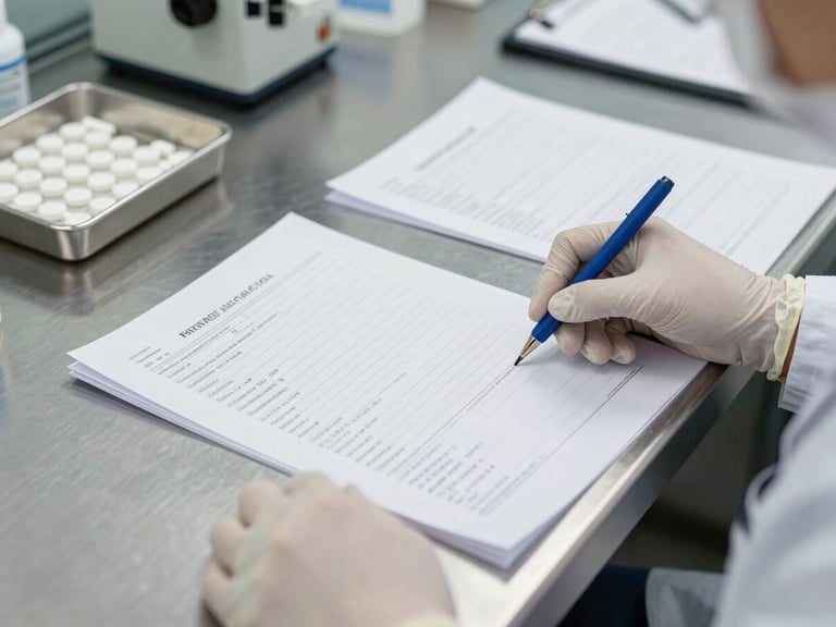 Close-up documentary shot of a pharmaceutical technician in cleanroom gloves reviewing printed batch documentation on a stainless steel workbench, tablets visible in a tray beside the paperwork, clinical north-facing daylight, no color grading, sharp focus on the documentation sheets