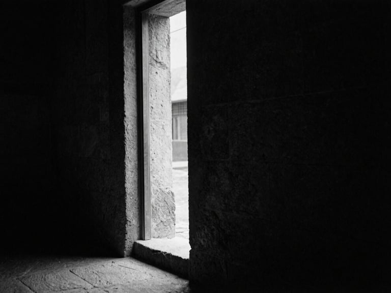 Cinematic high-contrast black and white photograph of a dark stone doorway with a sliver of dramatic light cutting across the threshold, 35mm grain, chiaroscuro lighting.