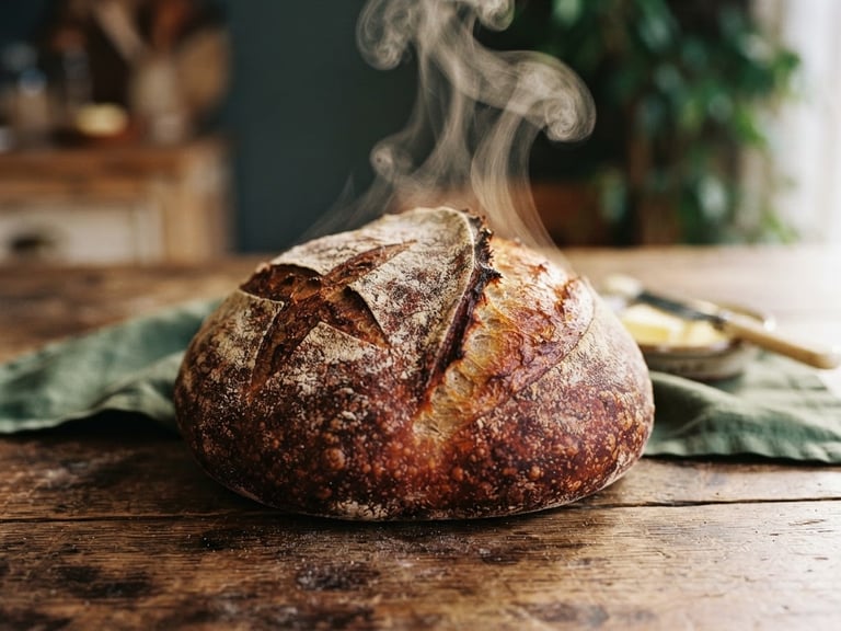A close-up of steam rising from fresh sourdough bread on a rustic wooden table, soft natural north-facing daylight, rich crimson tones, 35mm film