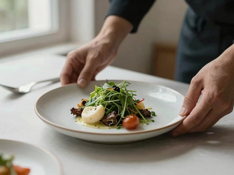 Close-up of hands arranging a minimalist Scandinavian ceramic plate with fresh organic food, diffused window lighting, soft shadows, clean and elegant restaurant setting.