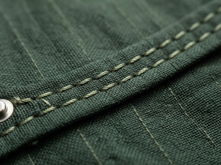 Macro close-up of high-precision stitching on dark forest green technical fabric, bright natural daylight, sharp focus, 35mm lens