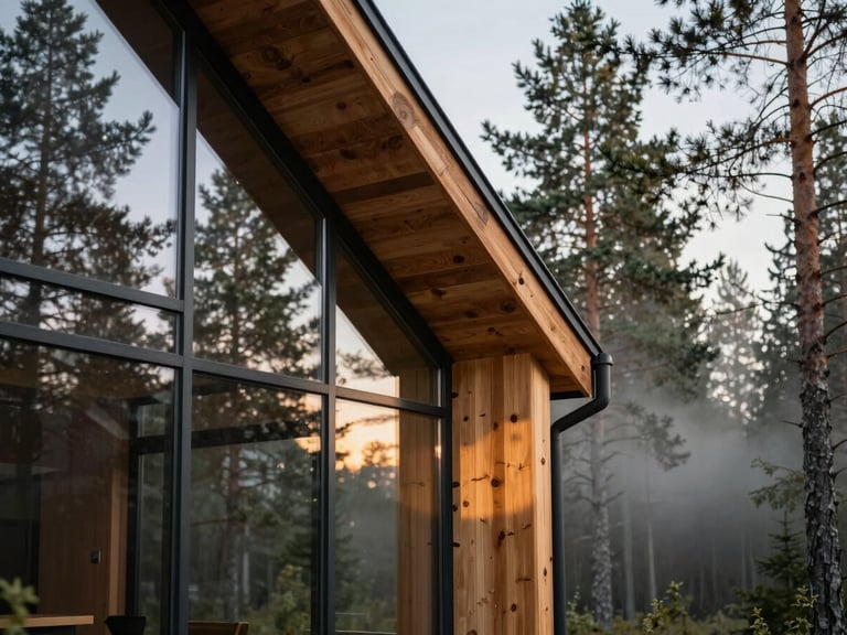 Close-up of a modern cabin glass facade reflecting pine forest, warm golden hour light hitting larch wood cladding, detailed architectural joint