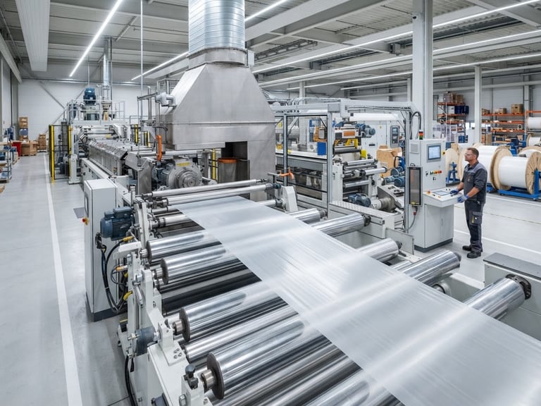 Industrial commercial photography, wide shot of a high-speed extrusion line producing flat polypropylene sheets, bright clean warehouse lighting, detailed polymer textures, 50mm lens.