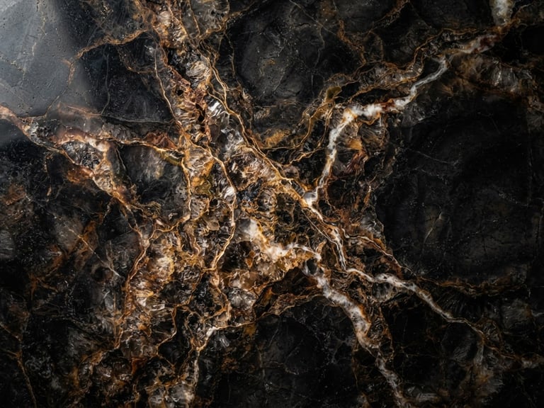 Close-up macro shot of quartz slab veining, dark moody tones, dramatic side-lighting, sharp focus on texture, 35mm architectural lens, high contrast, royal marble aesthetic.