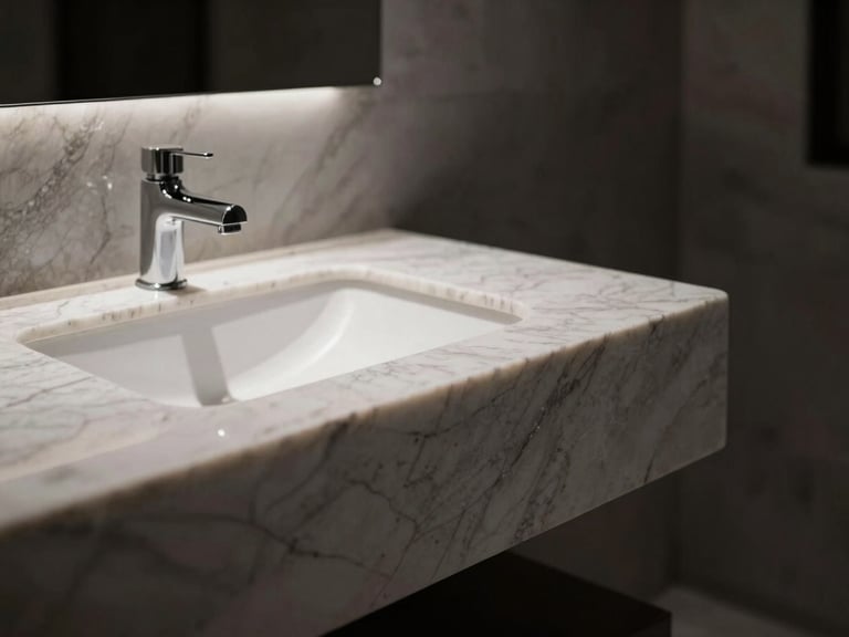 Close-up of a high-end bathroom vanity crafted from white quartz with subtle gray veins, soft overhead spotlights highlighting the smooth finish, dark moody tones, architectural photography.