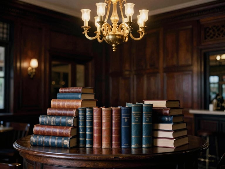 A dimly lit grand hotel lobby with leather-bound books, an antique gold chandelier casting a warm glow over dark mahogany walls, deep shadows.