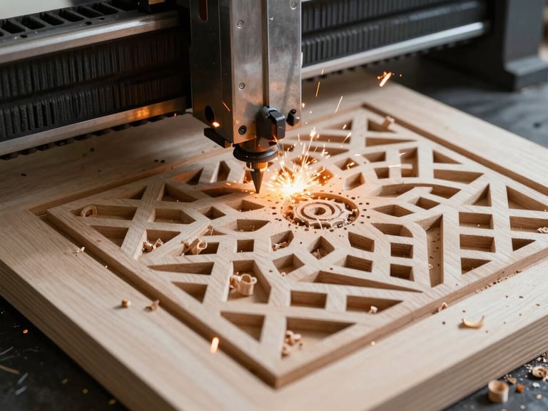 Close-up of a CNC router carving intricate geometric mashrabiya patterns into a thick MDF wood panel, clean wood shavings, sharp focus, industrial workshop lighting.