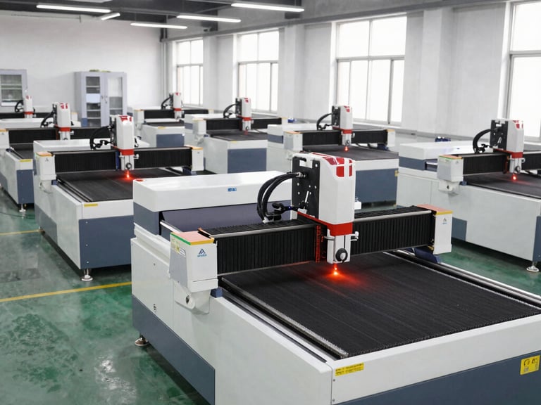 Wide-angle panoramic shot of the Al Jurf workshop floor, heavy CNC routing machines and fiber lasers aligned, cool steel tones, safety orange accents on machinery, bright overhead industrial lighting.