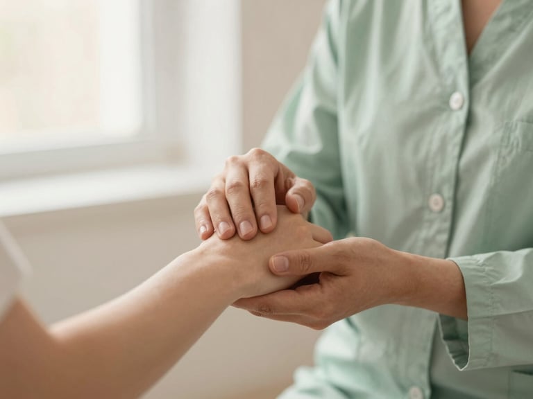 Close-up of a therapist's hands in a professional posture, soft diffused light, focus on precision and care, sage green and cream tones, 35mm.
