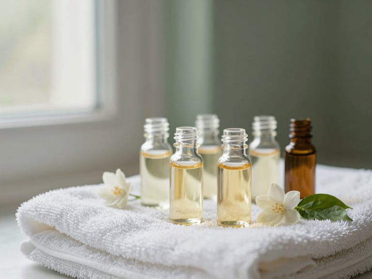 Close-up of small glass bottles of essential oils and a sprig of jasmine on a clean white towel, soft window light, sage green background, shallow depth of field, 35mm.