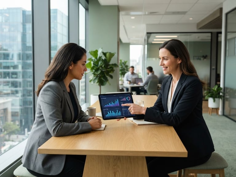 Clean corporate photography of a modern bright office, a professional consultant showing clear financial charts on a tablet to a client, soft daylight, 35mm lens