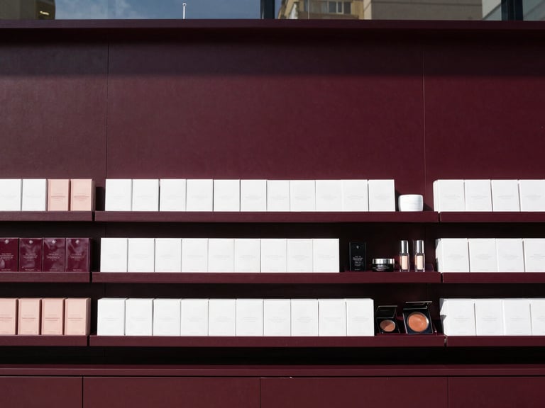 crisp corporate photography, wide angle, 35mm, clear natural daylight, rich deep tones, high contrast, clean modern retail display featuring boxed cosmetic products