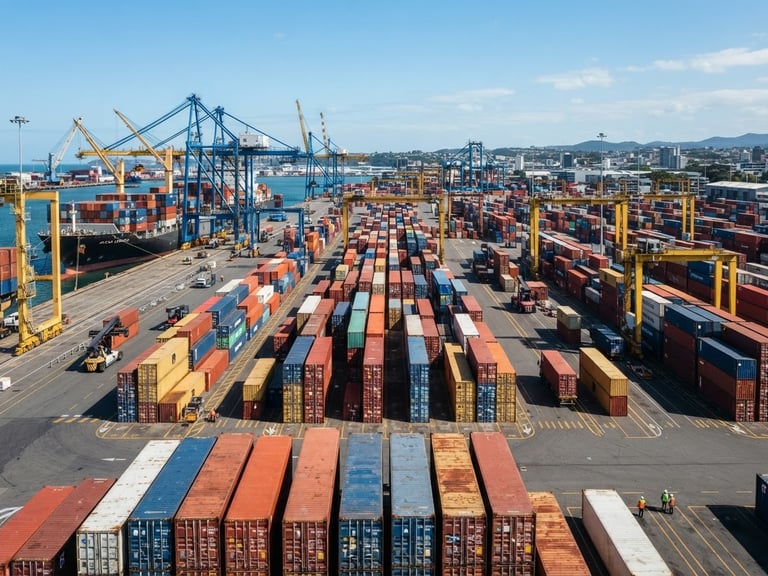 Wide environmental shot of organized shipping containers at a busy port, clear natural daylight, crisp corporate photography, high contrast, 35mm