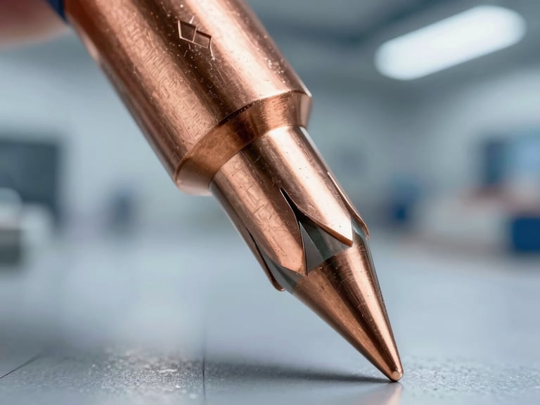 Extreme macro shot of a copper-core soldering tip with precise positioning notches, cool industrial studio lighting, metallic reflections