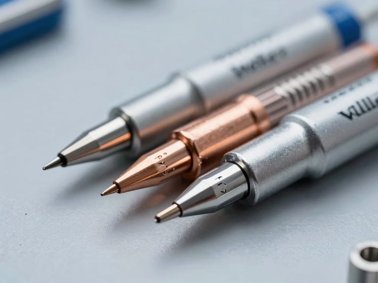 Macro shot of Weller LT and XT series soldering tips, heavy-duty copper core, satin silver finish, sharp focus