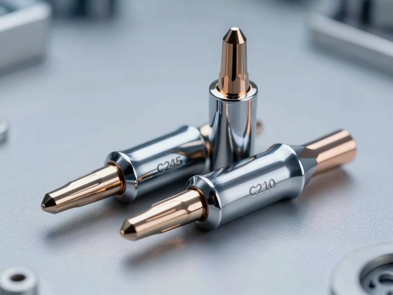 Macro shot of C245 and C210 cartridge soldering tips, dual-sleeve design, chrome finish, cool metallic studio lighting