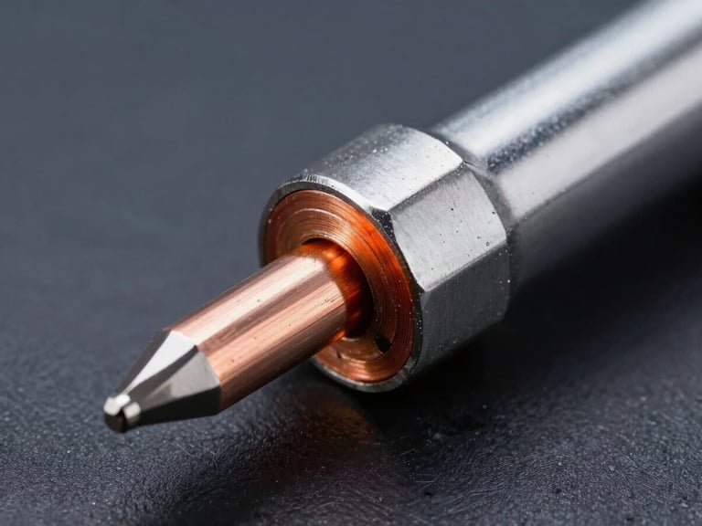 Macro crisp industrial studio photograph of a cross-section of a soldering tip, revealing the bright orange oxygen-free copper core, thick silver-colored iron plating layers, and a matte chrome shaft, dark slate background.