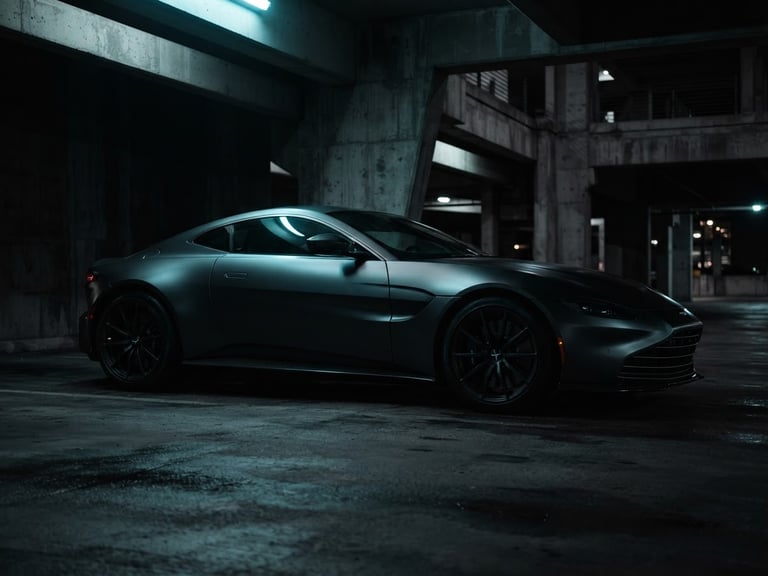Cinematic dark-mode photography of a sleek high-end automotive silhouette in a concrete architectural garage, low-key dramatic lighting with cold metallic reflections and a subtle neon cyan ambient glow