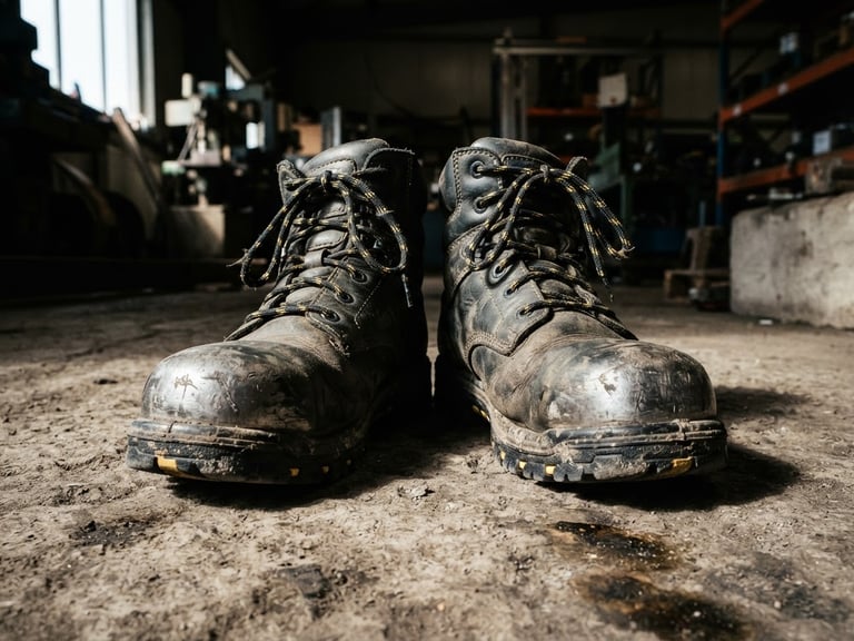 Close-up of industrial safety boots with steel toe on a concrete floor, high-contrast dramatic natural light, gritty industrial photography