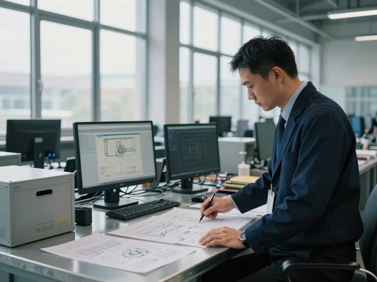 Crisp editorial photograph of a modern logistics dispatch center, cool natural daylight through high windows, operations manager analyzing physical schematics on a steel desk, sharp focus, 35mm