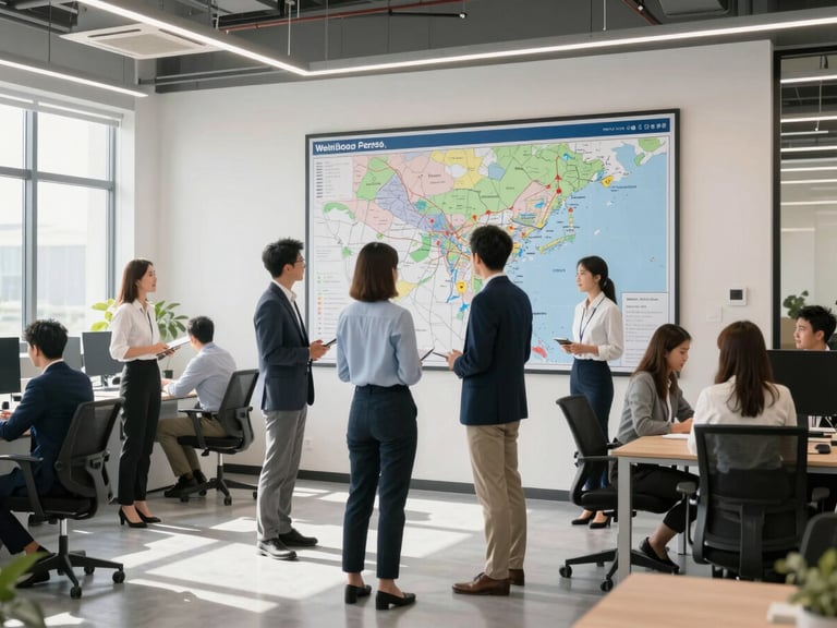 Welkin Group team members in corporate attire collaborating in a modern office hub, large map of the Southeast on the wall, bright daylight, professional office environment.