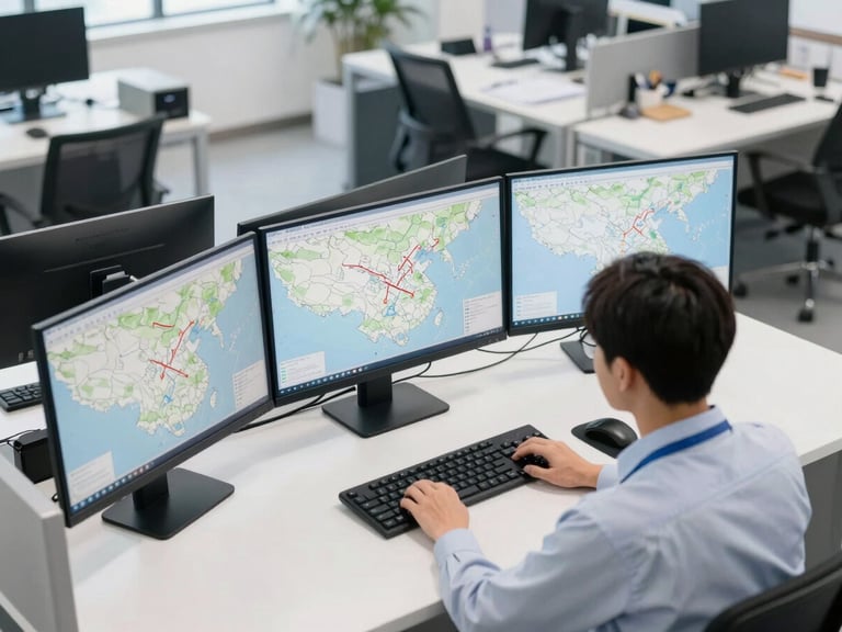 Overhead shot of a logistics coordinator at a clean desk, multiple monitors displaying regional route maps, bright office environment, crisp corporate photography.