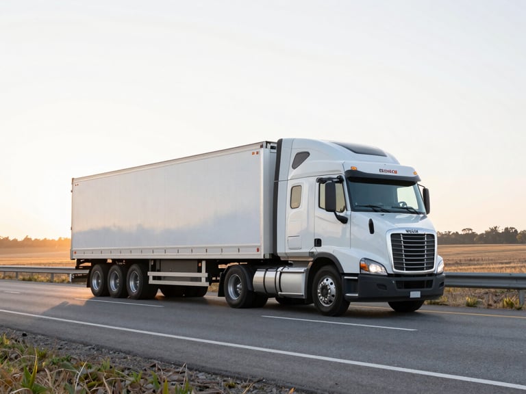 Wide shot of a modern Welkin Group semi-truck driving on a highway at sunrise, bright natural daylight, clean industrial tones, regional landscape in background.