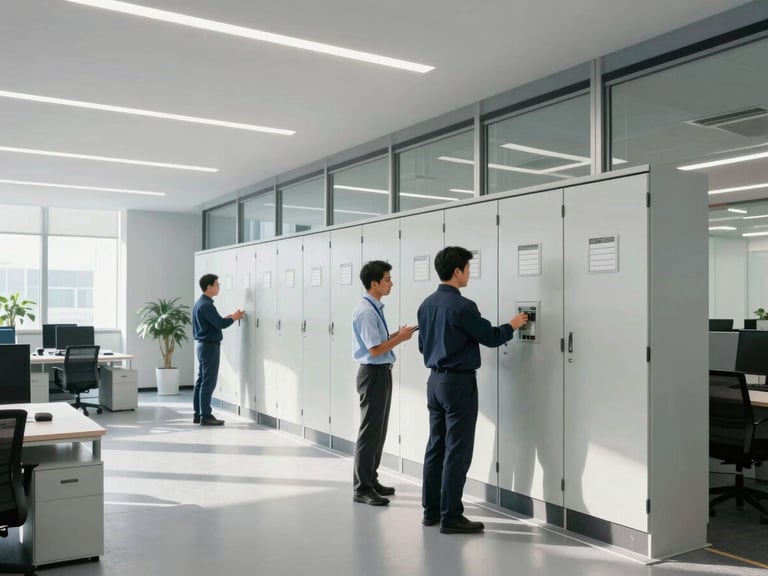 Clean, modern commercial office space, Welkin Group team member inspecting a utility panel, bright natural light, professional office environment.