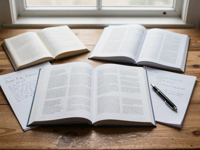 Overhead flat-lay of open scientific journals, handwritten research notes, and a fountain pen on a warm wooden desk, soft natural window light, muted scholarly tones.