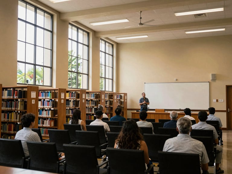 Wide environmental shot inside a Puerto Rico research library and lecture space, warm institutional lighting from tall windows on the left, rows of occupied chairs and a presenter at a whiteboard visible in the middle distance, documentary framing with natural depth, no posed subjects