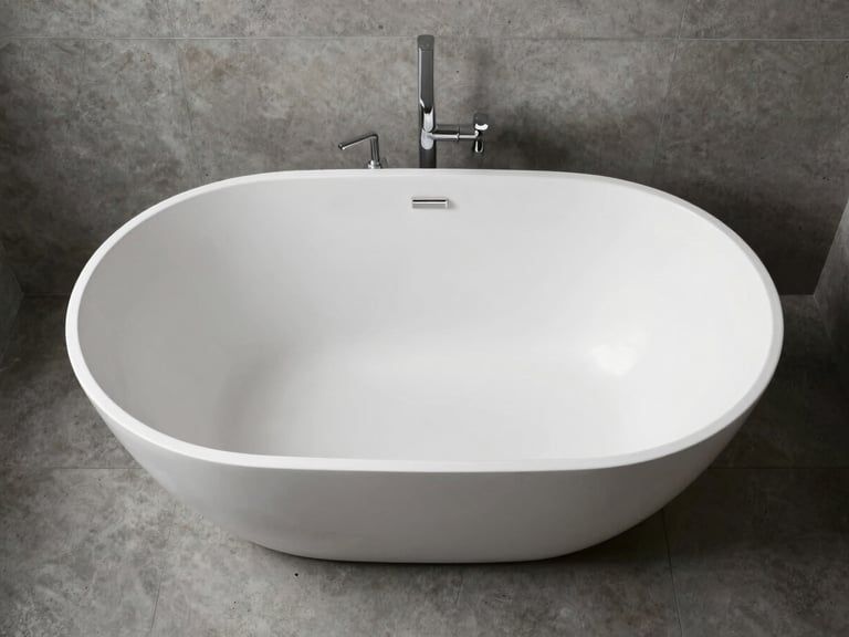 Overhead shot of a sleek, modern freestanding bathtub in a minimalist bathroom, surrounded by polished concrete-look tiles. Soft, diffused natural light highlights the clean lines and reflective surface of the tub. Symmetrical composition.