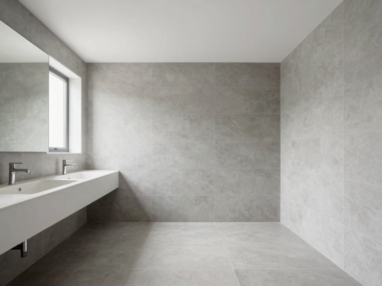 Architectural photograph of a spacious, newly remodeled bathroom interior, showcasing a thoughtful layout with distinct zones for bathing and vanity. Clean lines, large format light gray tiles, and abundant natural light. Straight-on composition.