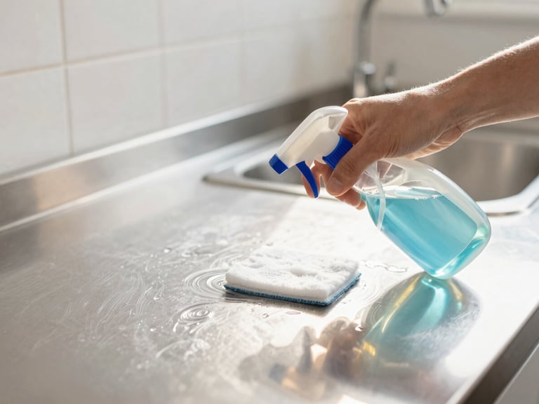Close-up of a professional cleaner using a non-toxic cleaning solution on a stainless steel surface, streak-free reflections, bright natural light.