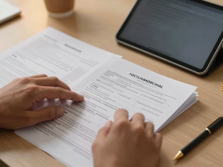 Close-up of hands reviewing physical financial tax documents alongside a modern digital tablet, warm ambient indoor lighting highlighting gold accents, professional boardroom setting.
