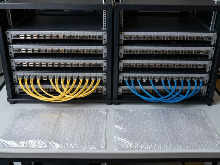 Top-down organized layout of server rails, labeled ethernet cables, and anti-static bubble wrap laid out on a clean workbench, bright daylight.