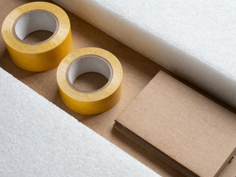 Top-down organized layout of packing materials including heavy-duty tape, custom-cut foam padding, and double-wall cardboard sheets
