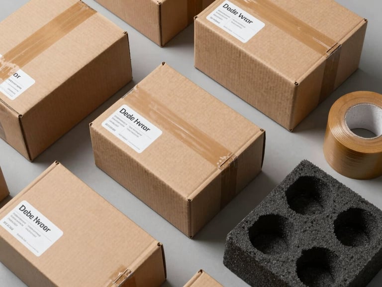 Top-down organized view of high-quality packing materials, double-wall corrugated cardboard boxes with clear category labels, heavy-duty tape, and custom-cut foam inserts arranged on a clean gray surface.